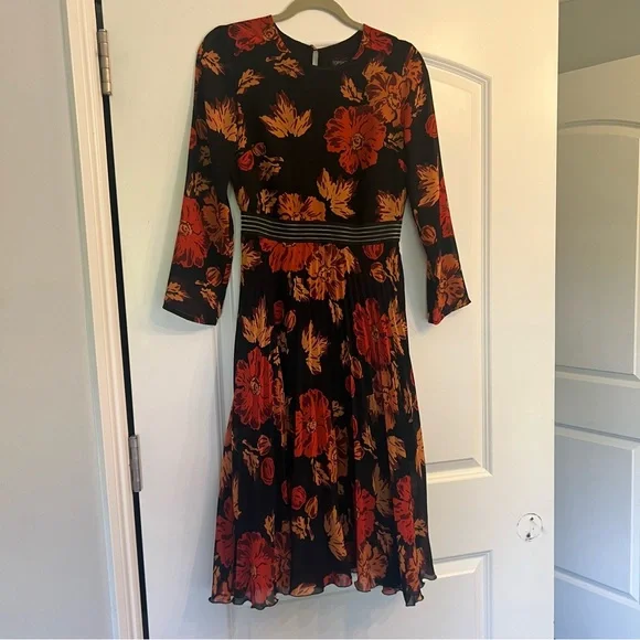topshop pleated midi dress Topshop Marl Pleated Dress Size 2 Midi Long Puffy Sleeve Tie Belt Mock Neck Gray